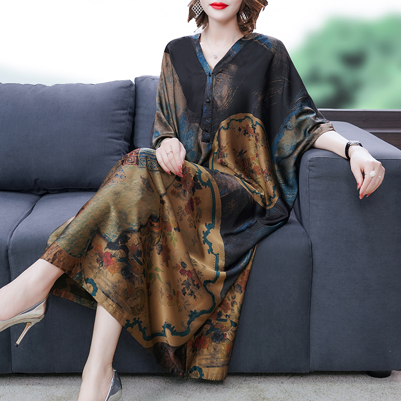 杭州丝绸真丝连衣裙香云纱女装清仓特价印花宽松大码气质桑蚕丝裙