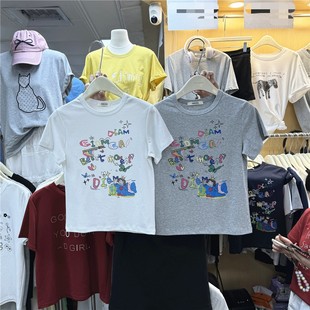 YOYO 美式彩色字母印花短袖t恤女夏季韩版趣味修身减龄短款上衣潮