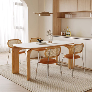 原木侘寂奶油风大象腿岩板餐桌椅组合法式复古实木家用饭桌长方形