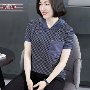 2024夏季新款海军风连帽拼接条纹宽松短袖T恤大码上衣服女装小衫