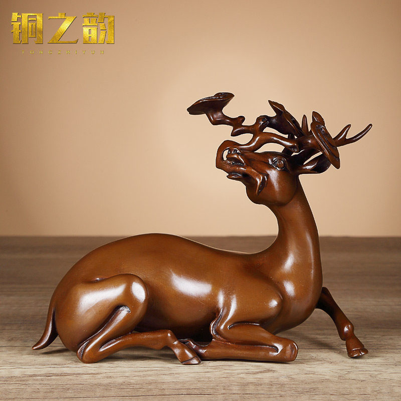 纯手工纯铜紫铜卧鹿含灵芝摆件摆放桌面室内客厅书房铜工艺品装饰