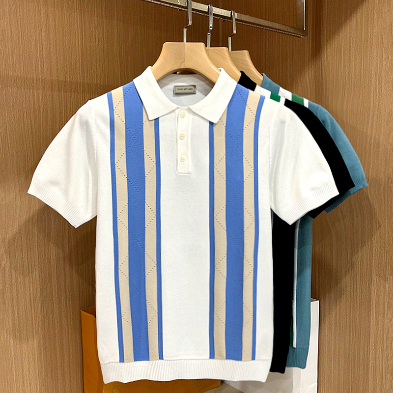英式时尚撞色条纹短袖t恤 贵族气质菱格缕空透气针织polo衫男夏季