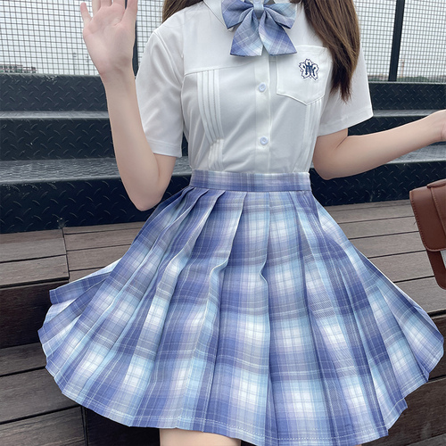 现货小岚中刺绣短袖风琴褶衬衣梦幻星河jk套装学院风