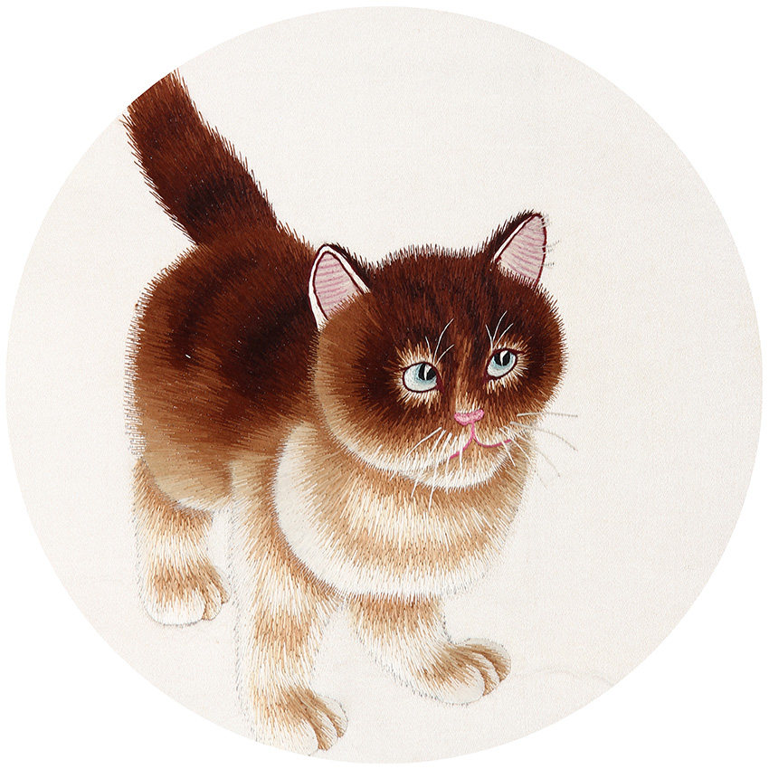 湘绣单面绣 三猫戏蝶图 国家非遗 手工刺绣卷轴壁挂