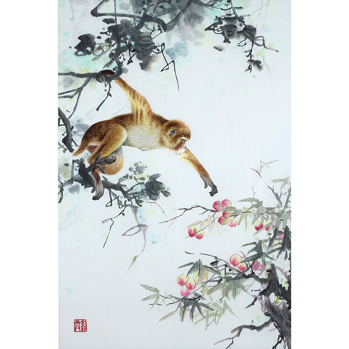 高级工艺美术师 王爱玲 《猴子献寿》 湘绣手工刺绣单面绣挂件