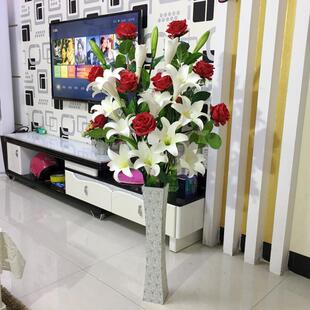 红玫瑰百合花绢花假花仿真花摆设客厅高级落地花装饰品摆件花束大