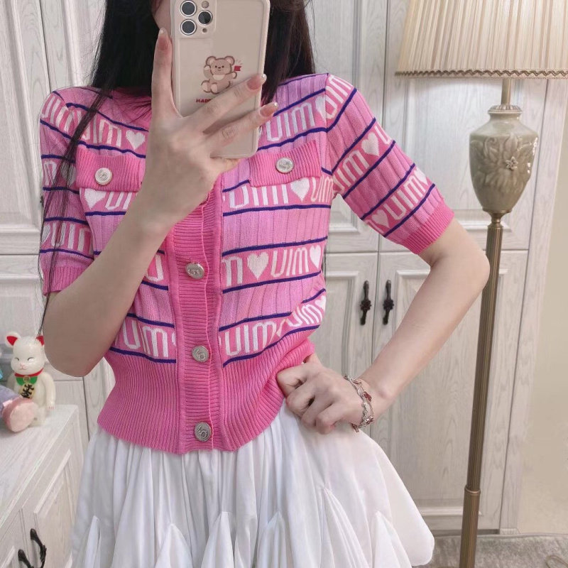 miu粉色字母爱心冰丝针织开衫女短袖lxyg2023夏新款显瘦薄款上衣