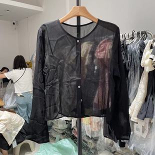 韩版设计感后背开衩长袖薄款防罩衫2024夏季新款黑色防晒衣衬衫女