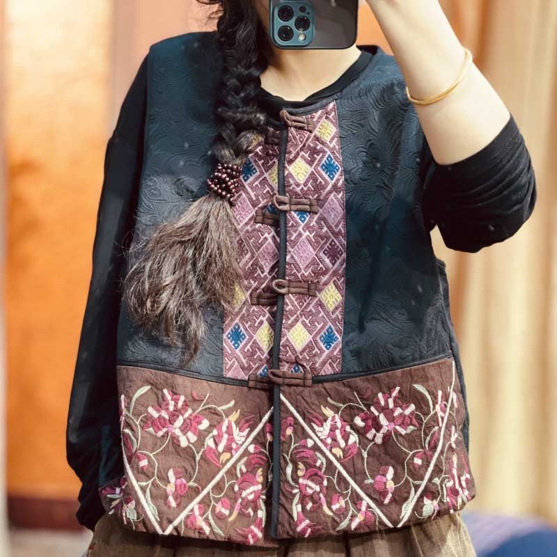 忆绵出品今秋民族风刺绣拼布坎肩上衣提花麻料对襟盘扣圆领马甲