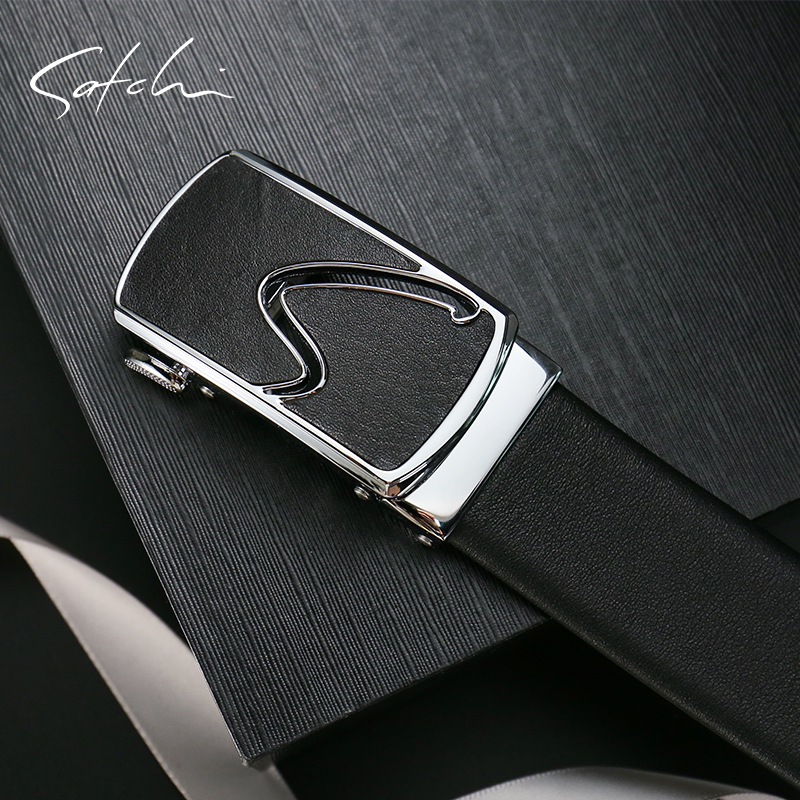 satchi沙驰皮带男 真皮手写体时尚镂空腰带头层牛皮自动扣裤带