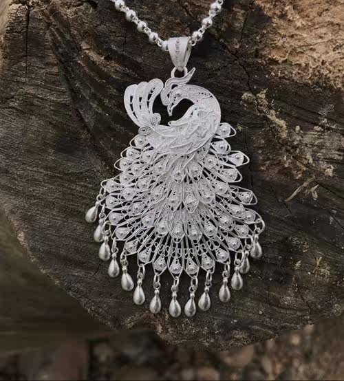 一折纯银毛衣链长款 999银_民族手工纯银孔雀吊坠999银凤凰项链女圆珠