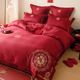 新中式婚礼床上用品100S长绒棉双喜字刺绣红色结婚被套床单床笠款