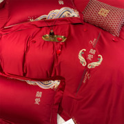 New Chinese love embroidery wedding four-piece set of cotton wine red 60 long-staple cotton pure cotton wedding quilt cover sheet