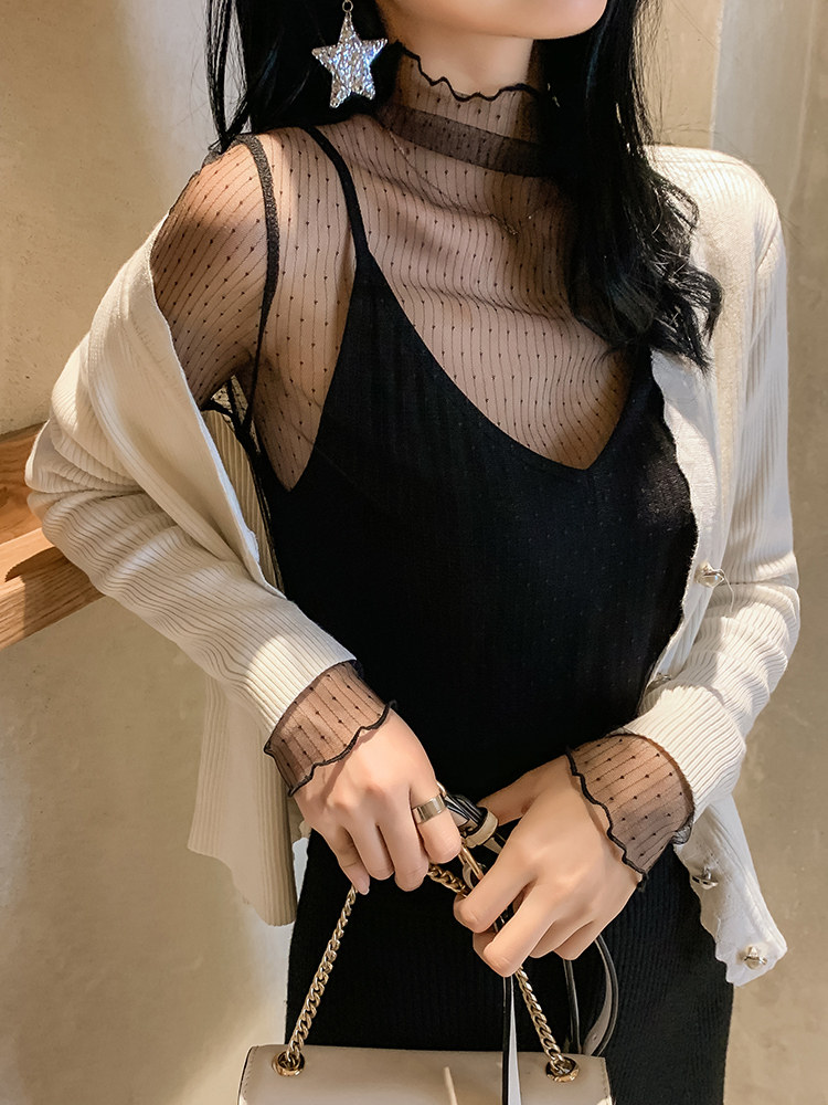 透明网纱打底衫女秋冬新款性感镂空毛衣内搭黑色蕾丝上衣洋气纱衣