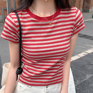 2024新款红色条纹正肩短袖t恤女夏季修身短款小个子法式上衣圆领