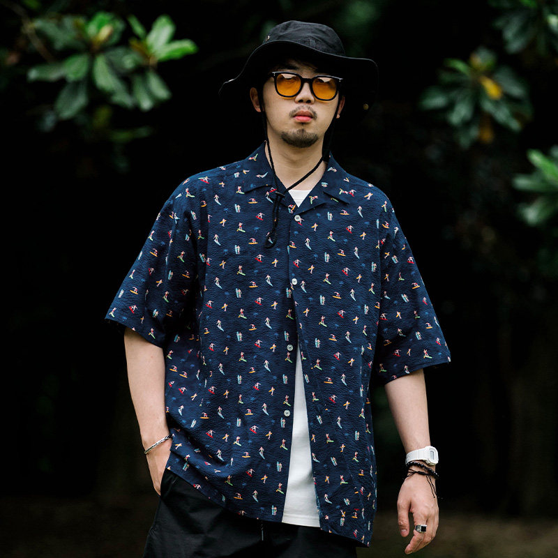 gosolo赤焰男孩日本进口泡泡纱夏威夷古巴领宽松短袖衬衫2022新款