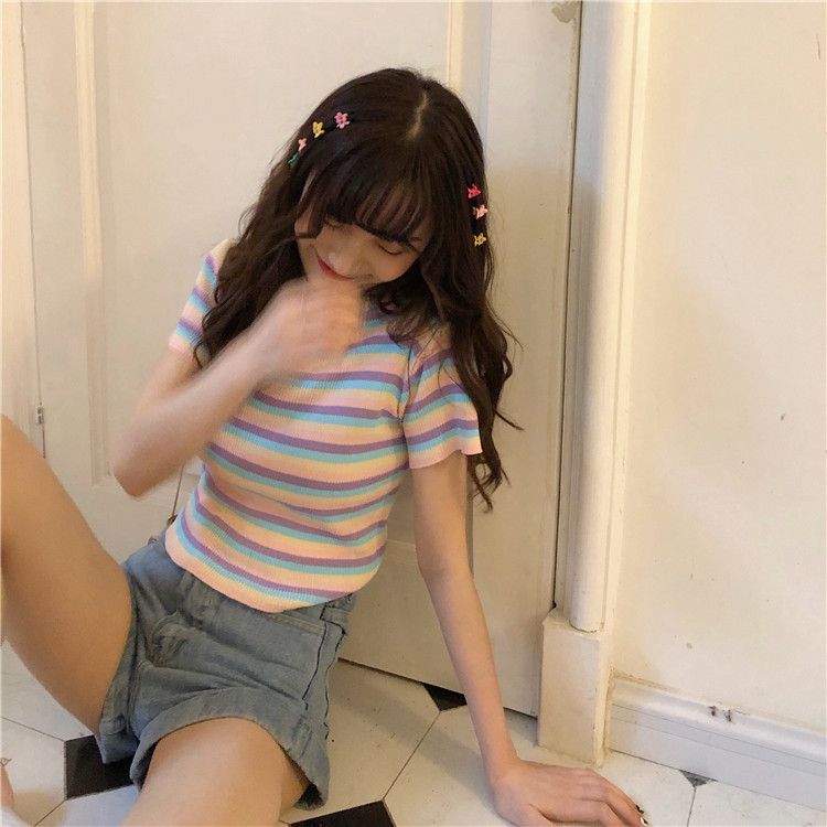 夏季韩版修身短款T恤女网红条纹针织衫上衣慵懒风学生短袖打底衫在类目 女装/女士精品, T恤中 - 来自Buy2taobao.com提供专业的淘宝代购服务