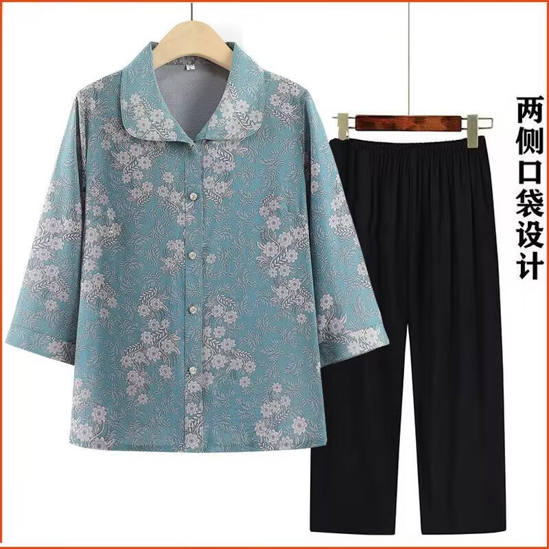 奶奶装夏装七分袖衬衣妈妈夏季套装上衣裤子两件套老年人衣服女