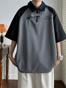 夏季华夫格半拉链短袖男生港风新款设计感小众拼色学生半袖POLO衫