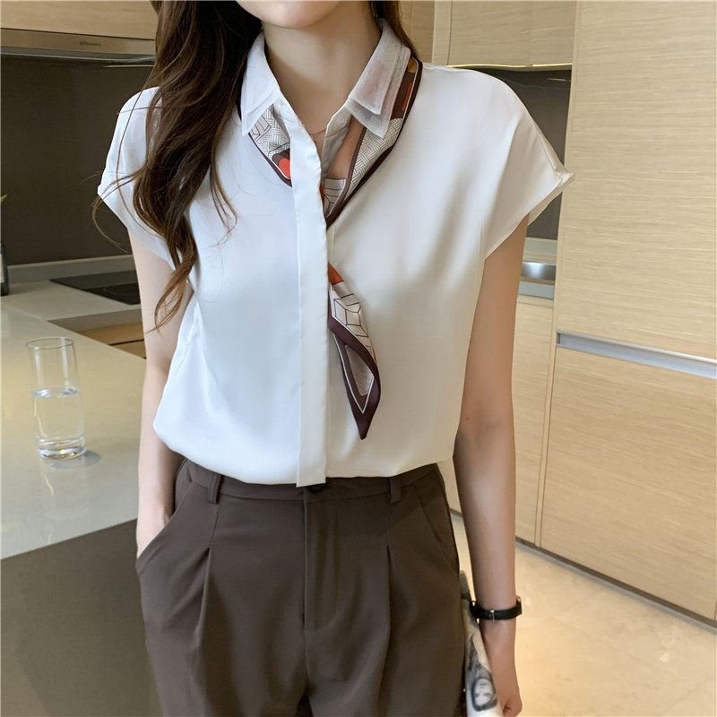 实拍2021新款衬衣复古雪纺白色衬衫设计感小众短袖气质上衣女