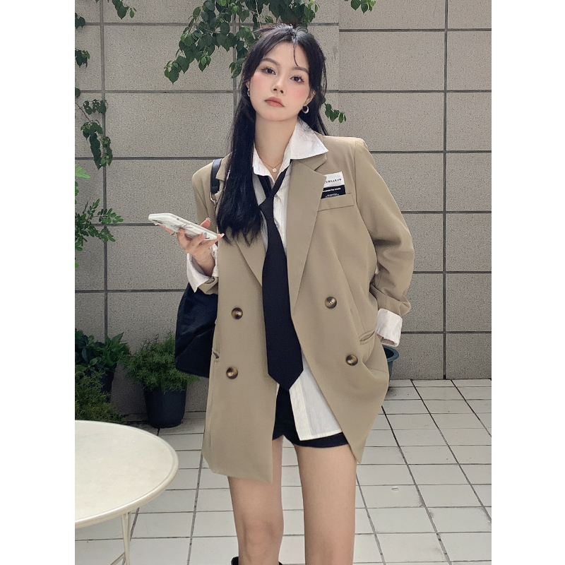 2023春秋韩版西服上衣气质翻领设计感贴布中长款双排扣西装外套女