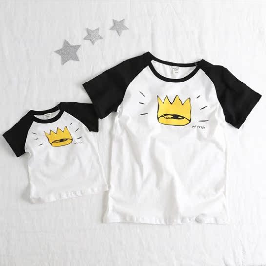 夏季儿童棉短袖T恤 韩国品牌童装男童女童全棉休闲亲子装 皇冠