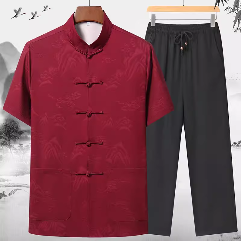 夏季男士休闲唐装短袖中国风汉服爸爸夏装套装爷爷生日祝寿衣服