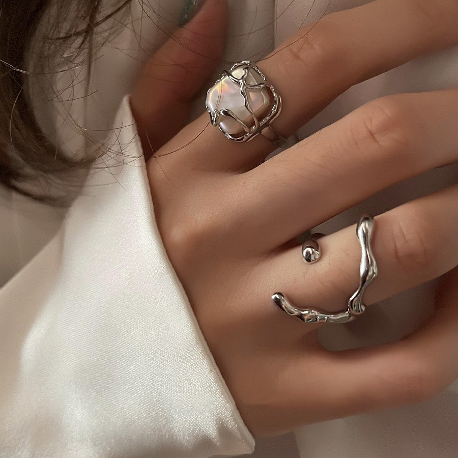 韩版S925银个性C型戒指女复古时尚水滴肌理开口指环嘻哈食指戒潮