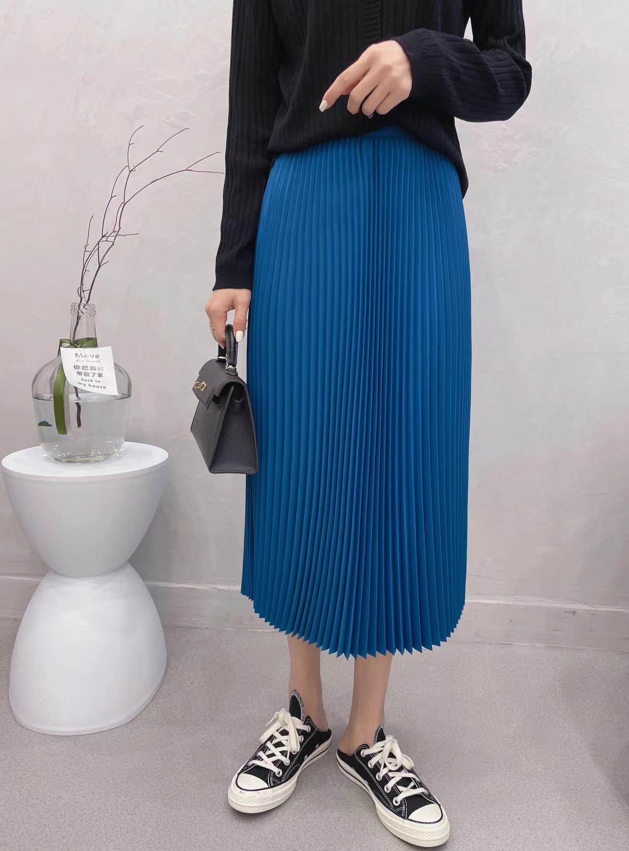 蓝色百褶裙雪纺裙半身裙欧洲站高腰松紧腰a字裙飘逸女裙2022年夏