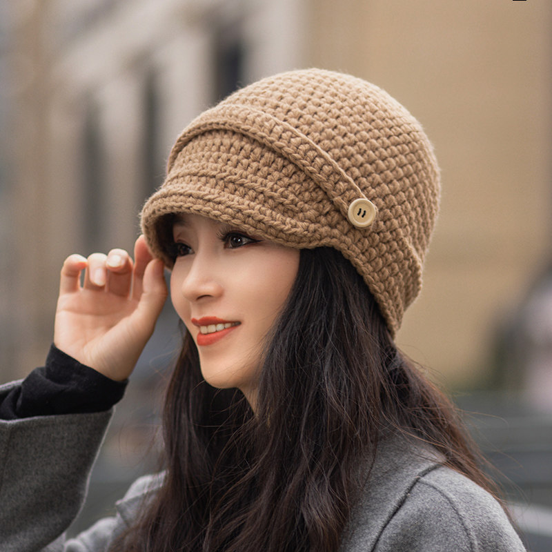 帽子女冬季大头围女款2022新款女士时尚鸭舌贝雷针织毛线帽秋冬款
