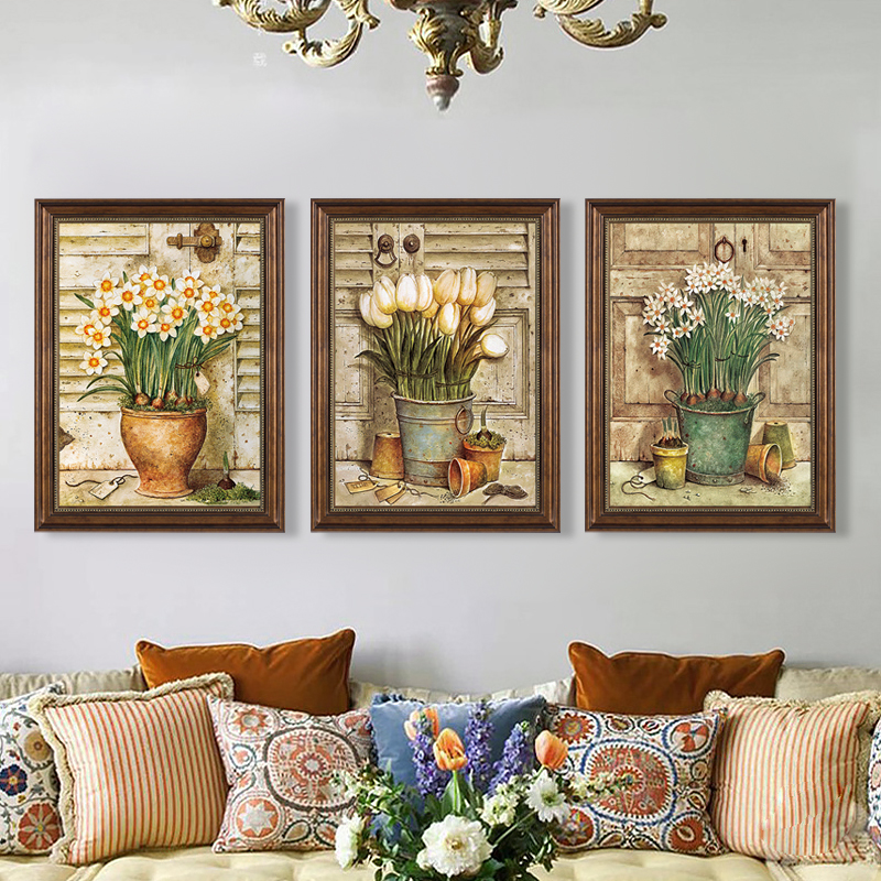 美式复古装饰画植物花卉三联客厅沙发高级感挂画欧式餐厅组合壁画