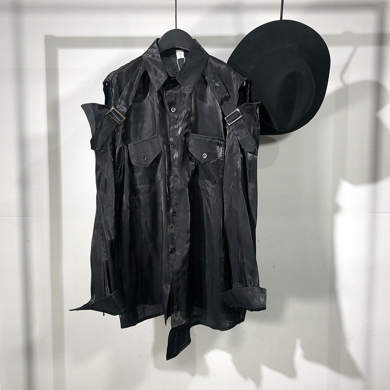 2020原创潮男暗黑系潮牌工装风露肩宽松长袖衬衫个性亮黑独特上衣