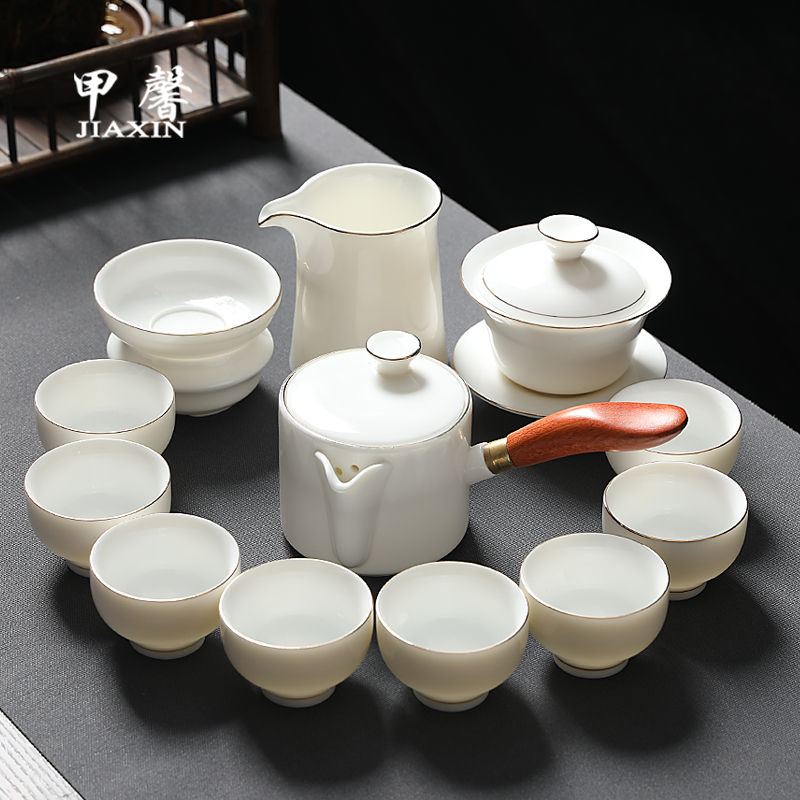 德化白瓷茶具套装家用高档描金侧把茶壶羊脂玉瓷泡茶盖碗茶杯礼盒