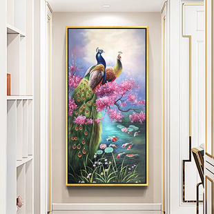 纯手绘欧式玄关油画竖版客厅装饰画餐厅走廊过道挂画动物孔雀壁画