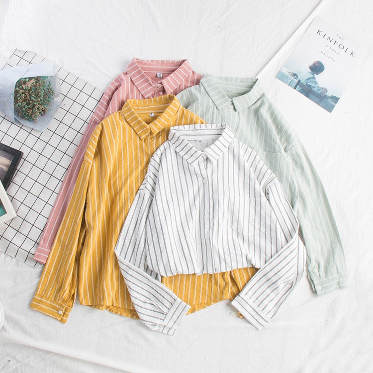 竖条纹白衬衫女韩范百搭长袖宽松韩版学生学院风衬衣2018秋装新款|ruв категории Женская одежда, рубашка - от Buy2taobao.com для оказания профессиональной услуги покупки агента Taobao