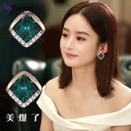 S925银针四方水晶耳扣新款耳钉明星林浅同款耳环女气质耳坠耳饰
