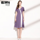裙子夏季2024年新款V领短袖时尚显瘦撞色拼接紫色连衣裙高端气质