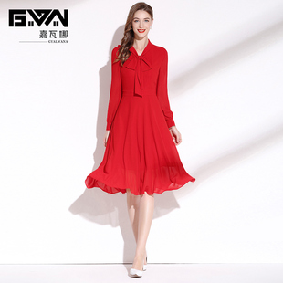 红色连衣裙2024新款春装系带领气质收腰显瘦中长款雪纺长袖打底裙