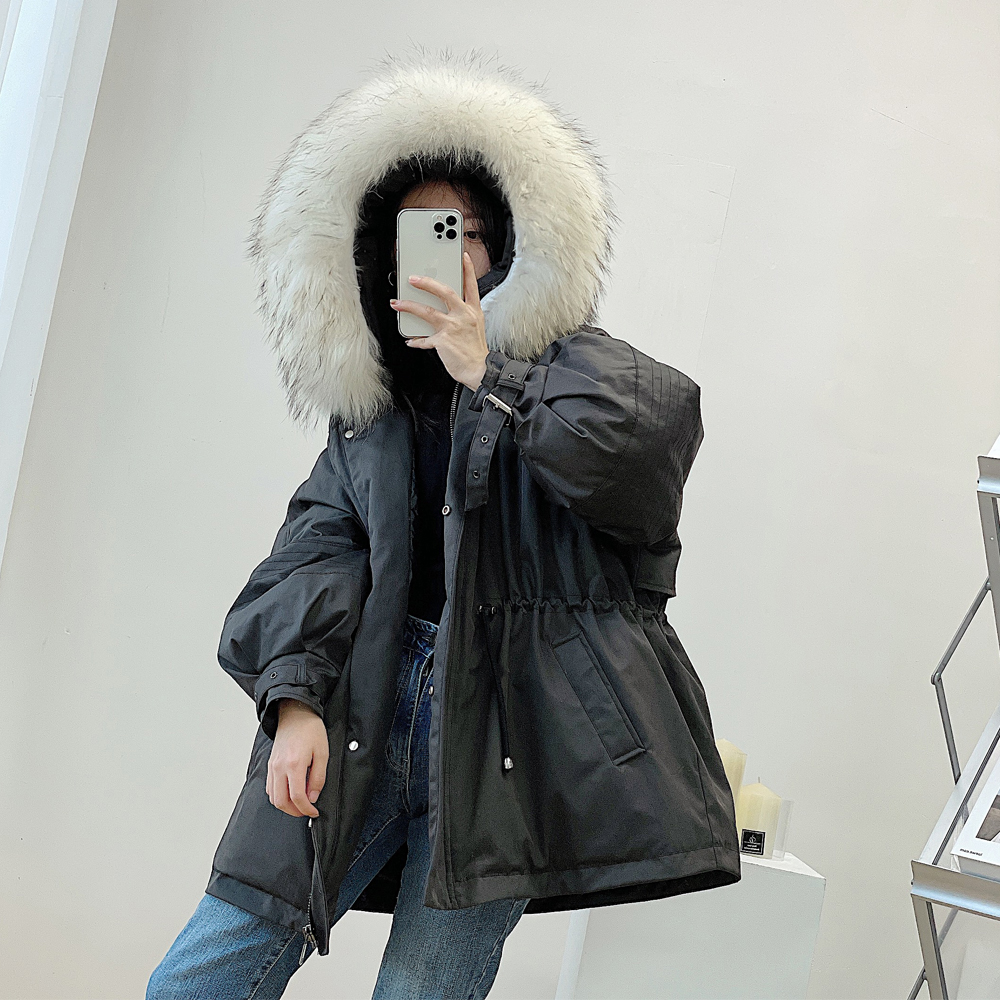 网红同款羽绒服女短款收腰大毛领2021新款韩版宽松加厚派克服外套