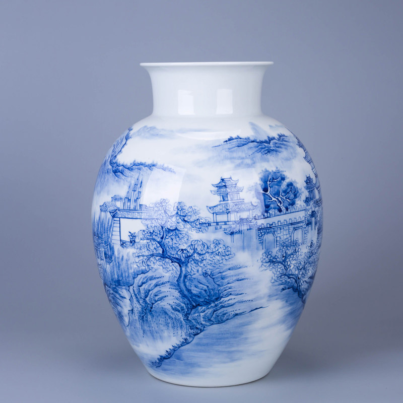 (釉下彩青花楼台亭阁山水瓷瓶)中青年实力派画家郑日仟作品