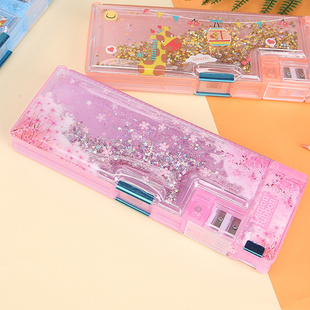 流沙文具盒幼儿园女童小学生儿童多功能大容量双层塑料铅笔盒笔袋