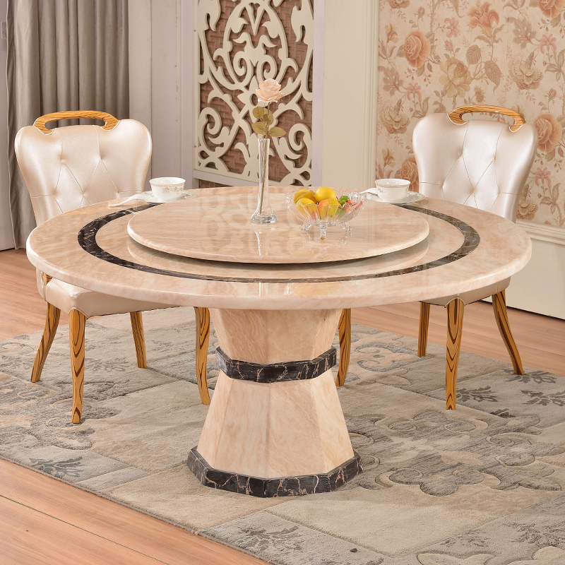 欧式大理石餐桌椅组合 现代简约圆形餐桌带转盘餐桌圆桌实木饭桌