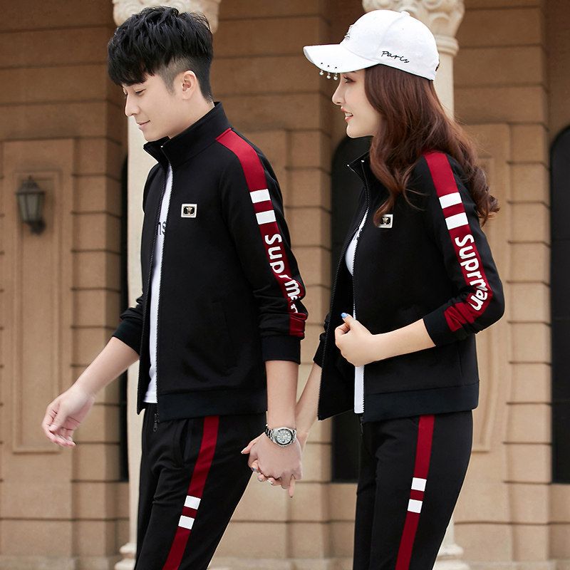情侣运动套装三件套男女纯棉立领开衫名牌运动服大码显瘦休闲装秋