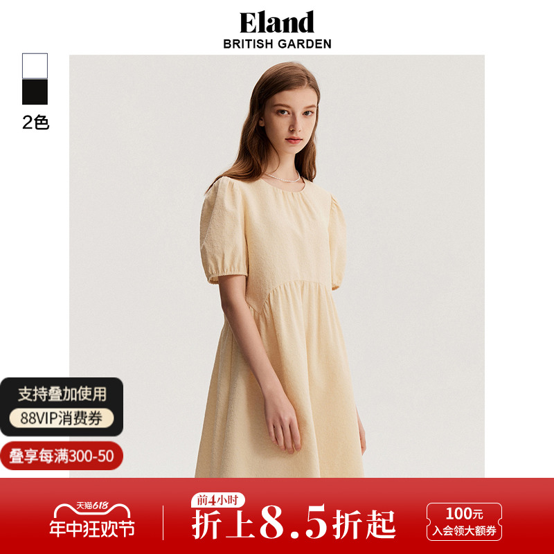 Eland衣恋连衣裙泡泡袖圆领宽松