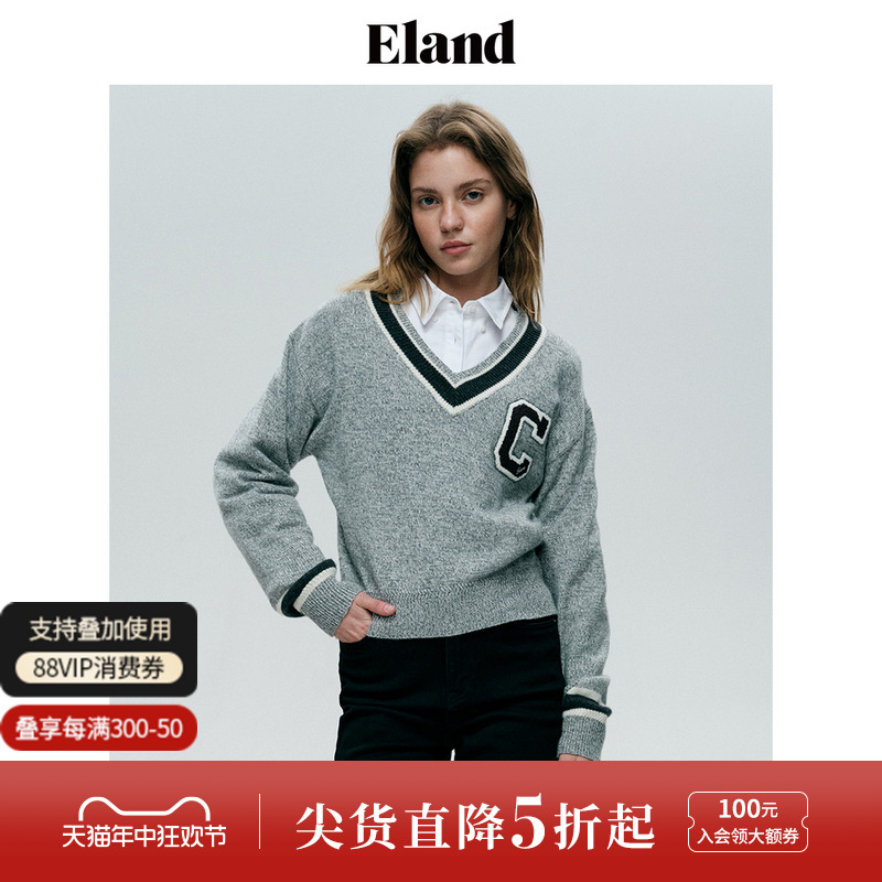 Eland衣恋毛衣秋冬女学院风V领