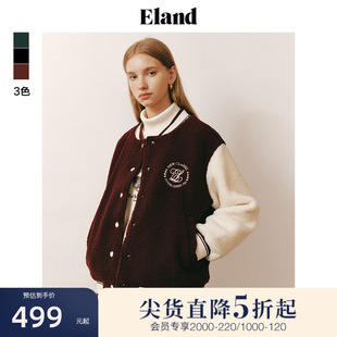 Eland衣恋棒球服女宽松学院风卫衣撞色拼接仿羊羔毛外套上衣