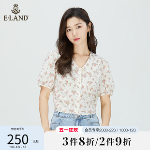 Eland衣恋别致清新娃娃领碎花纯棉短袖衬衫女印花上衣夏季新款