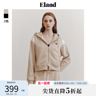 Eland衣恋短款连帽卫衣女学院风撞色双开拉链上衣2024早春新款