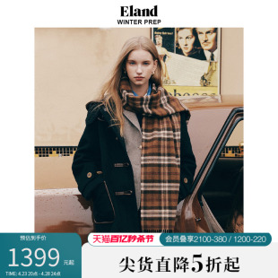 【100%绵羊毛】Eland衣恋毛呢外套女正肩连帽牛角扣大衣秋冬新款