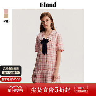 Eland衣恋格纹连衣裙蝴蝶结A字裙收腰百褶裙甜美风春夏款